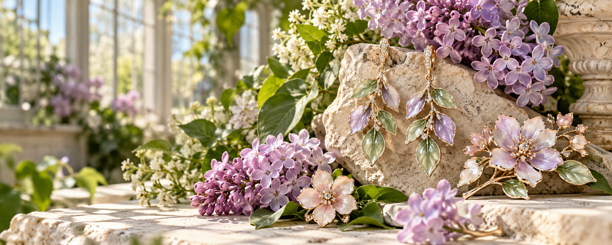 Botanical jewelry and lilac flowers in a conservatory