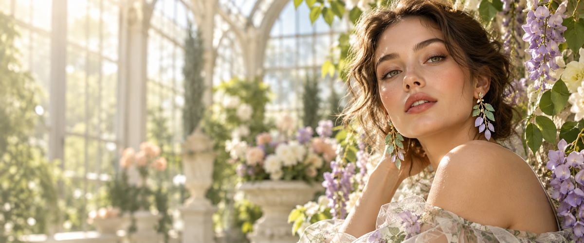 Woman wearing leaf earrings in a sunlit garden conservatory